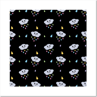 Kawaii Cute Raining Rainbow Clouds Pattern in Black Posters and Art